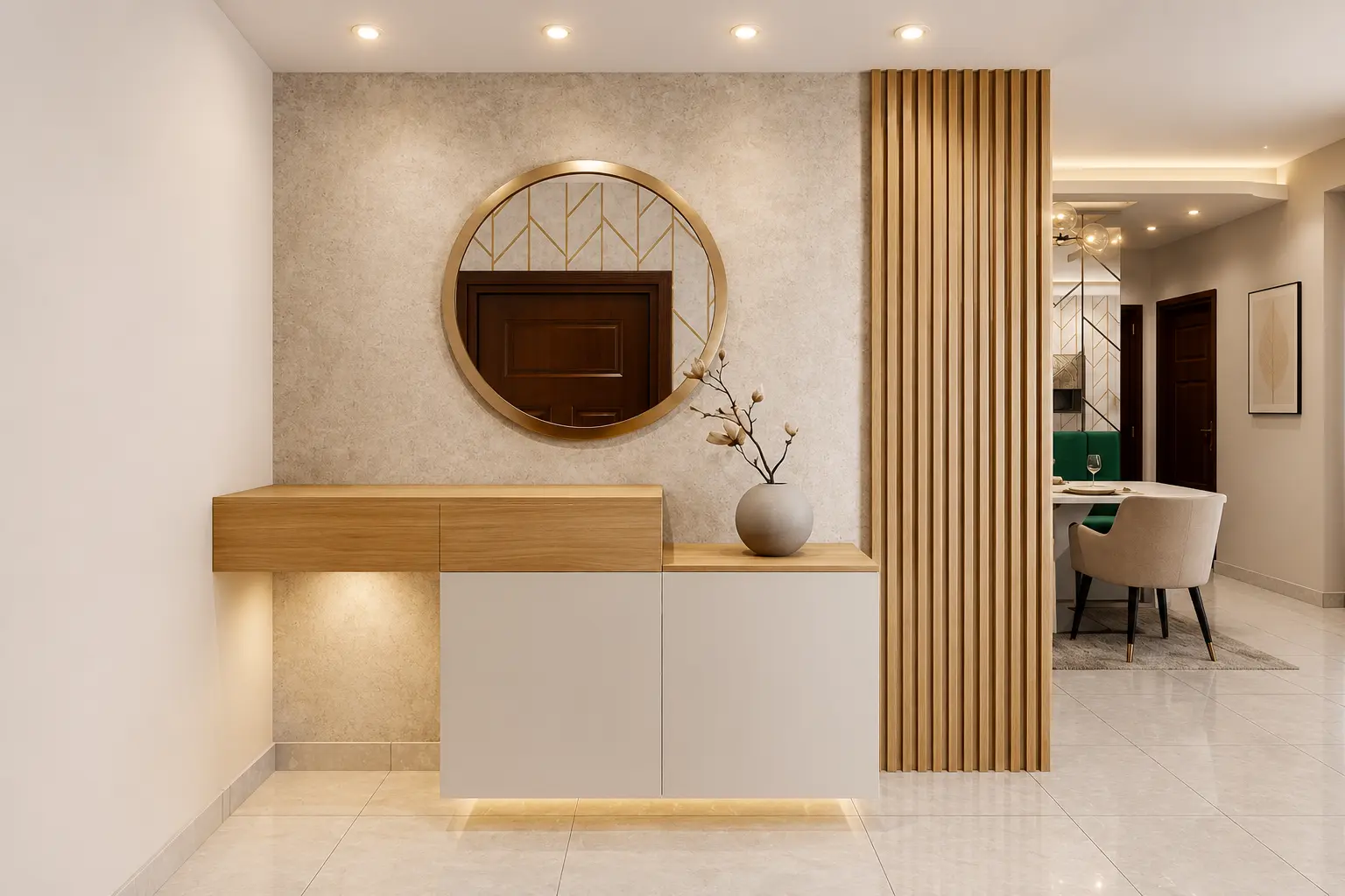 Modern House Entrance Design with Wooden Door and Stone Cladding